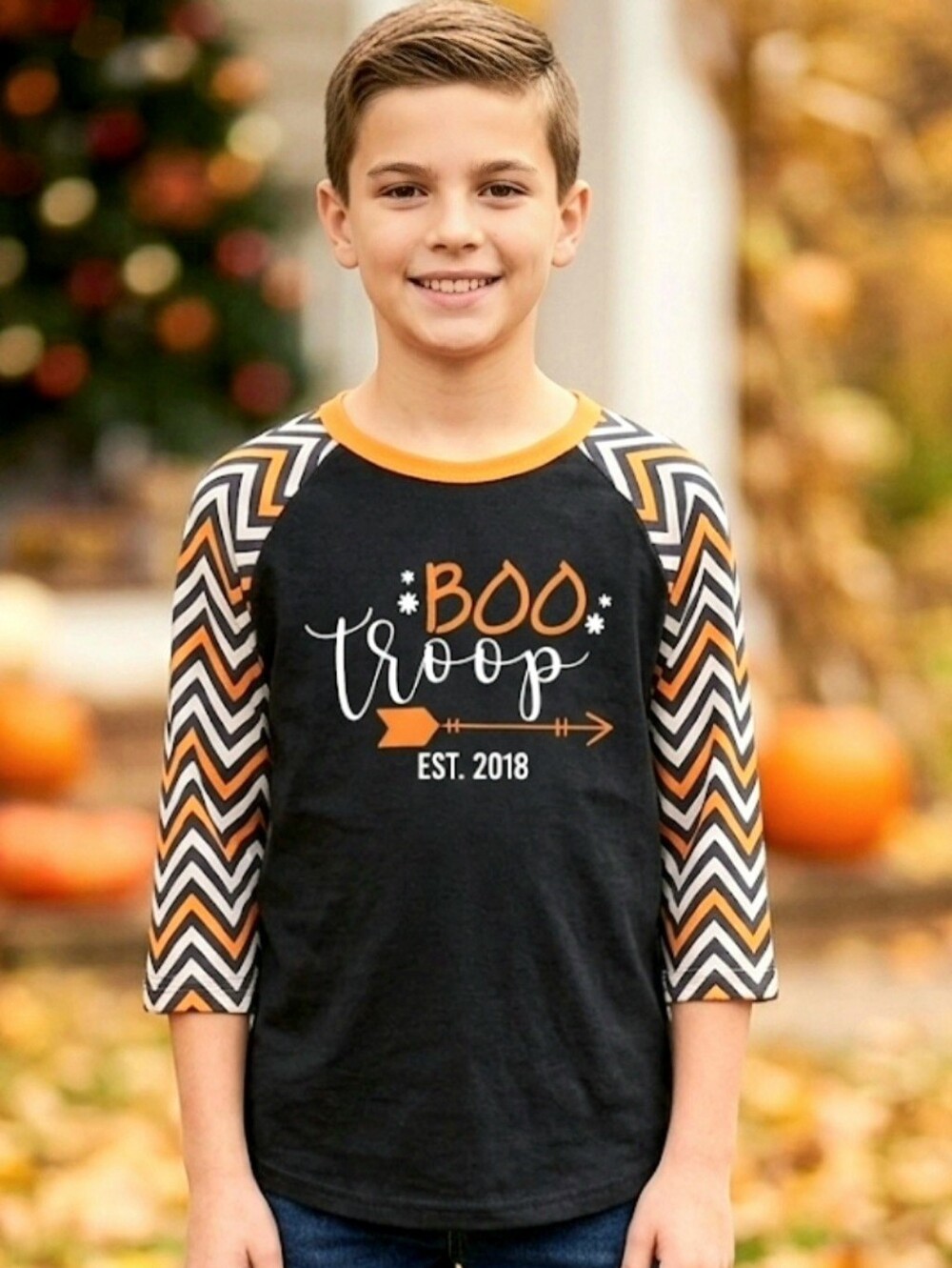 "Boo Troop" Halloween Raglan Baseball Tee - Orange/Black Chevron Sleeves Size L